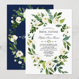Convites Marinho Floral Branco Elegante Chá de panela Azul