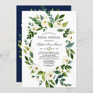 Convites Marinho Floral Branco Elegante Chá de panela Azul