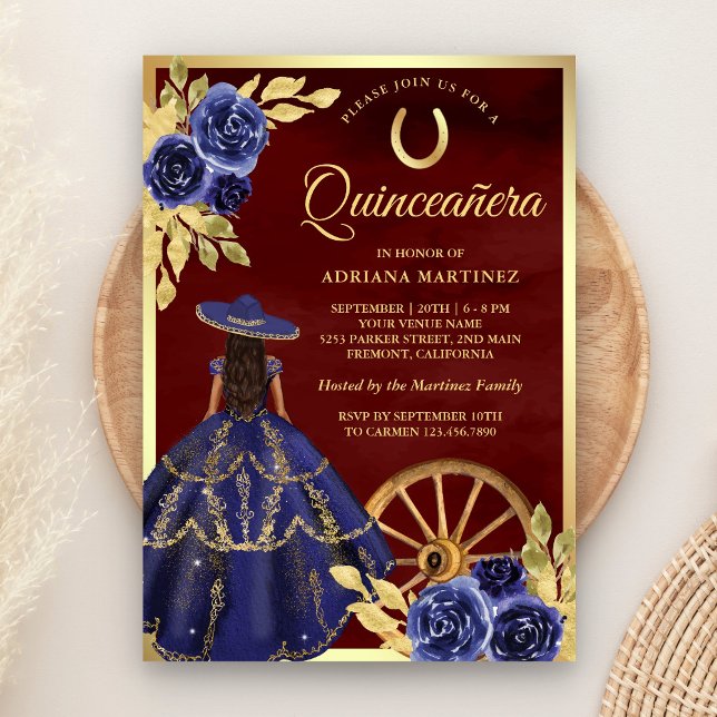 Convites Marinho Floral Carro Burugundy Quinceanera (Criador carregado)