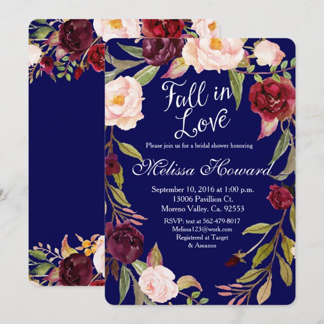 Convites Marinho Floral Chá de panela Azul (Frente/Verso)