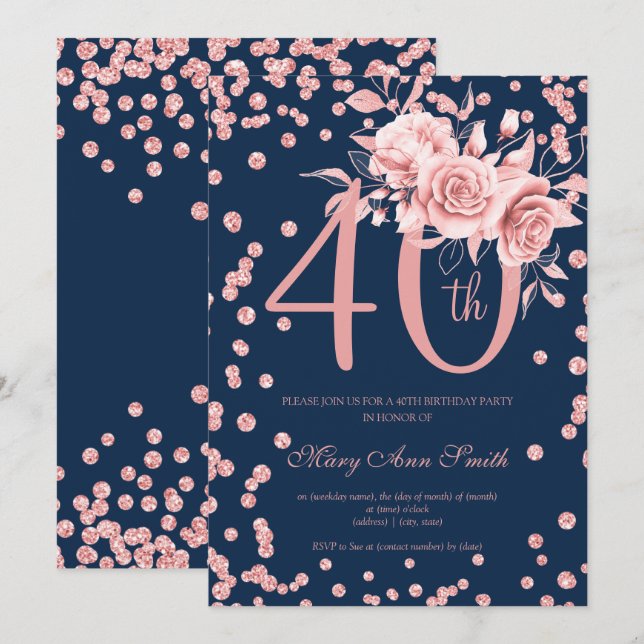Convites Marinho Floral & Confetti Dourado rosa (Frente/Verso)