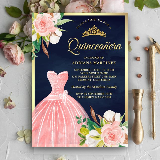 Convites Marinho Floral Cor-de-Rosa Azul Quinceanera Dourad (Criador carregado)