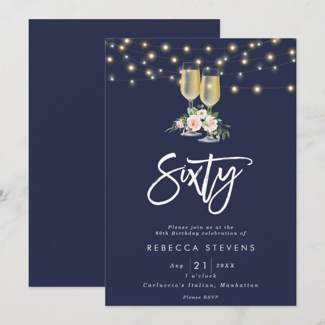 Convites marinho floral cor-de-rosa com borbulhas luminosas (Frente/Verso)