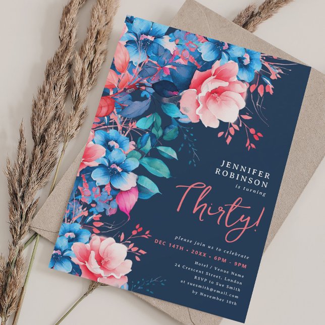 Convites Marinho Floral de aniversário de 30 anos com Aquar (Bright Watercolor Floral 30th Birthday Navy Blue Invitation)