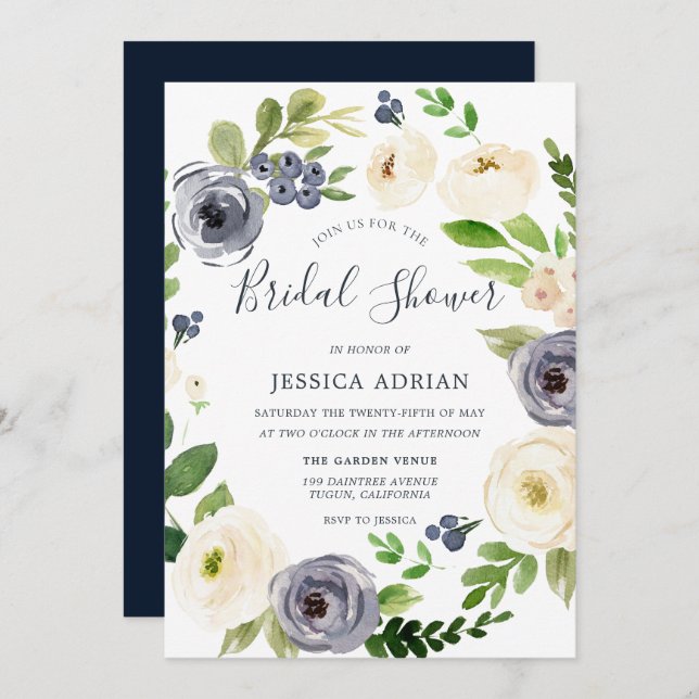 Convites Marinho Floral do Jardim e Chá de panela Branco (Frente/Verso)