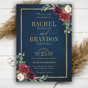 Convites Marinho Floral Dourado Azul Casamento Russo