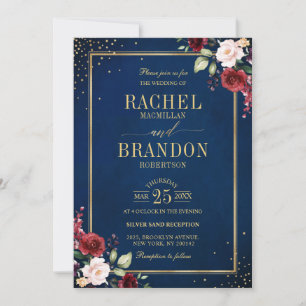 Convites Marinho Floral Dourado Azul Casamento Russo