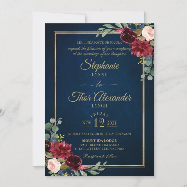 Convites Marinho Floral Dourado Azul Casamento Russo Invi (Frente)