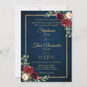 Convites Marinho Floral Dourado Azul Casamento Russo Invi