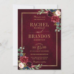 Convites Marinho Floral Dourado Azul Casamento Russo Invi