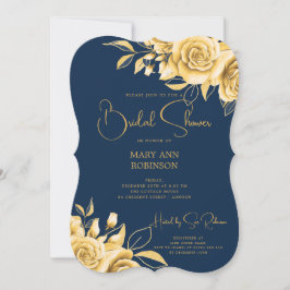 Convites Marinho Floral Dourado de Script Elegante Azul