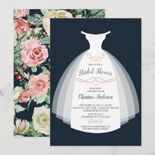 Convites Marinho Floral Elegance Brit Gown Chá de panela