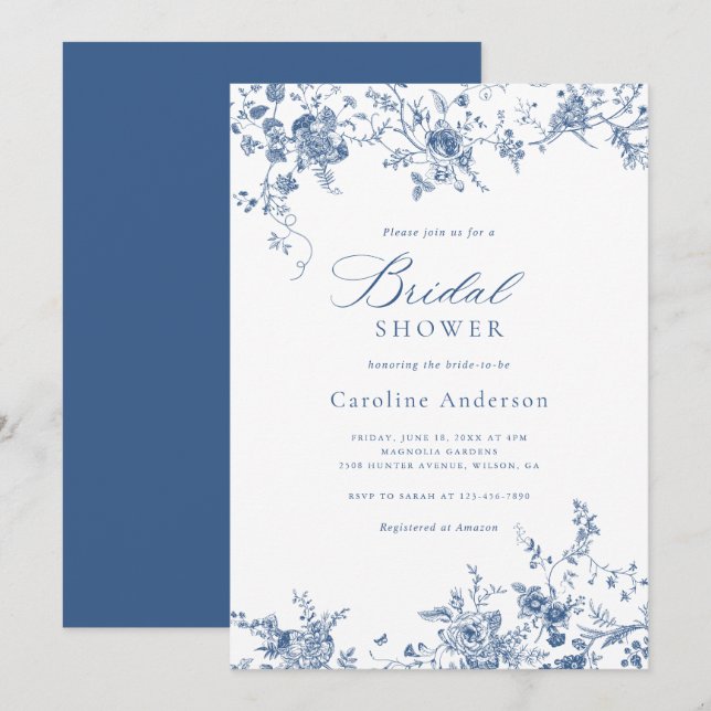 Convites Marinho Floral Elegante Chá de panela Azul (Frente/Verso)