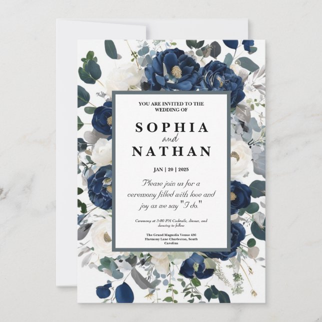 Convites Marinho Floral Elegante e Casamento Branco (Frente)