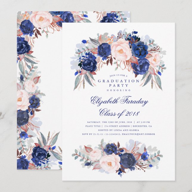 Convites Marinho Floral Elegante e Festa de formatura Moder (Frente/Verso)