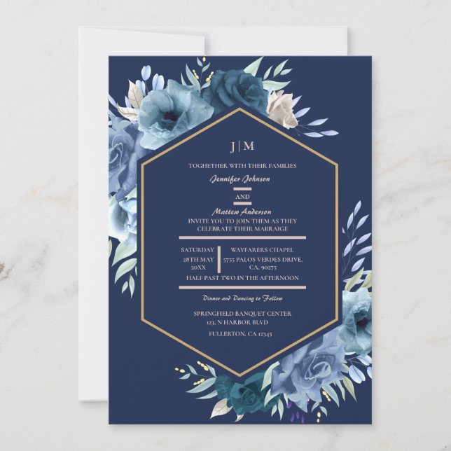 Convites Marinho Floral Moderno Azul e Casamento Dourado (Frente)