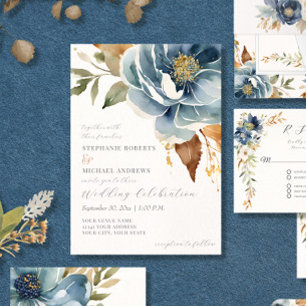 Convites Marinho Floral Moderno Dusty Blue Ivory Casamento