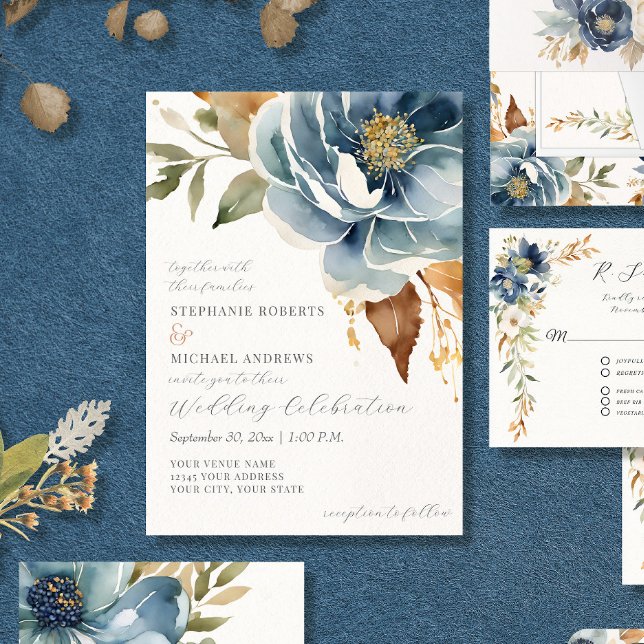 Convites Marinho Floral Moderno Dusty Blue Ivory Casamento (Criador carregado)