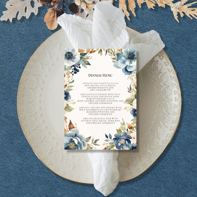 Convites Marinho Floral Moderno Menu Casamento Azul Dusty (Criador carregado)