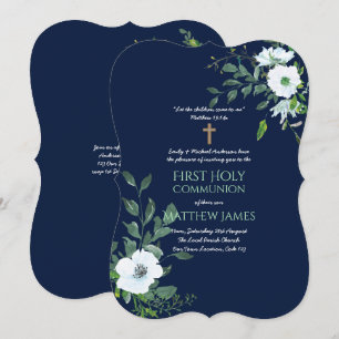 Convites MARINHO Floral Primeira Comunhão Sagrada com Vers