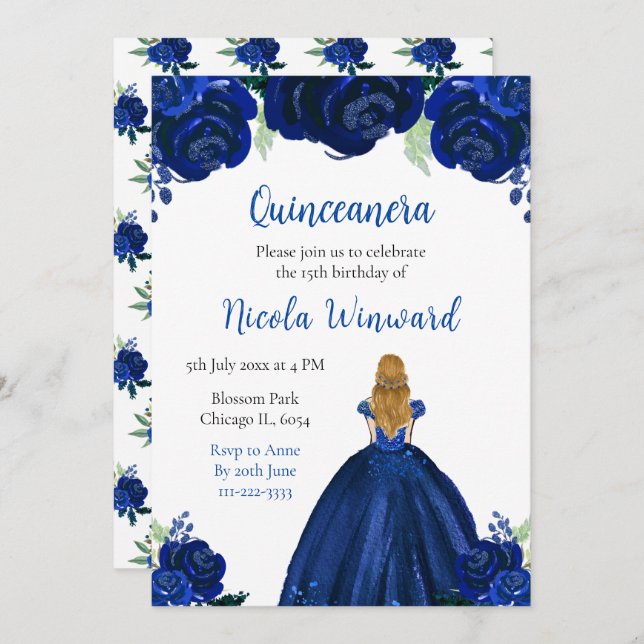 Convites Marinho Floral Quinceanera (Frente/Verso)