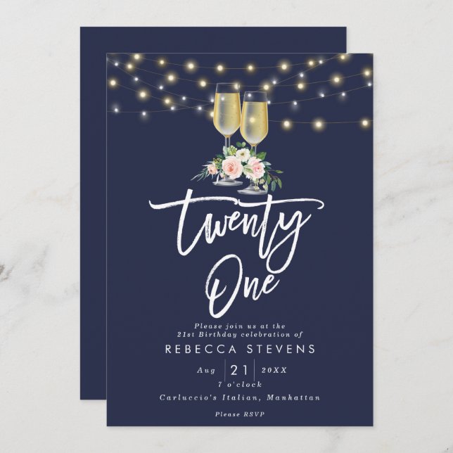 Convites marinho floral rosa (Frente/Verso)