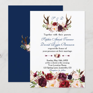 Convites Marinho Floral Rosa Brilhante Antlers Casamento Mo