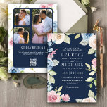 Convites Marinho Floral Suave Primavera Azul Código QR Casa<br><div class="desc">Surpreenda seus convidados com este elegante convite para casamento,  com lindas flores e tipografia moderna,  com o Código QR para RSVP online. Basta adicionar os detalhes do seu evento neste modelo fácil de usar e adorar este cartão com as suas fotografias favoritas para o tornar um convite único.</div>