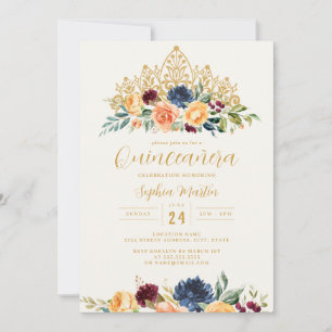 Convites Marinho Floral Tiara Quinceanera