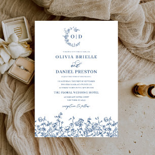 Convites Marinho Floral Vintage Casamento de Monograma Azul