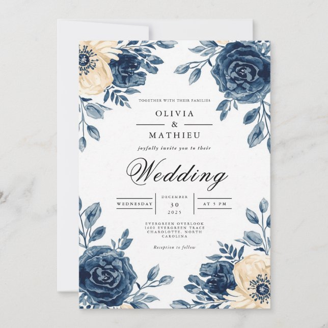 Convites Marinho Floral Wash Wedding (Frente)