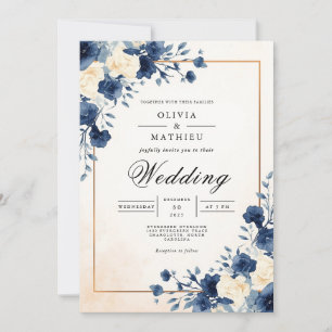 Convites Marinho Floral Watercolor Casamento Flourish