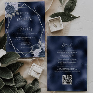 Convites Marinho Folha Azul Prata Floral Código QR Casament