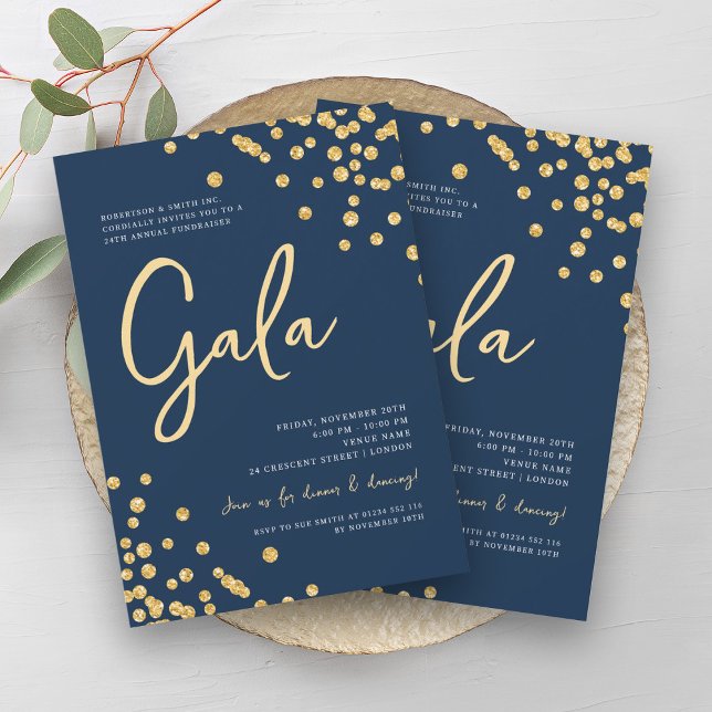 Convites Marinho Formal de Gala Dourada Glitter Confetti (Formal Corporate Gala Gold Glitter Confetti Navy Invitation)