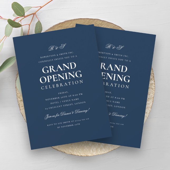 Convites Marinho Formal de Monograma de Abertura Geral da E (Formal Corporate Grand Opening Monogram Navy Invitation)
