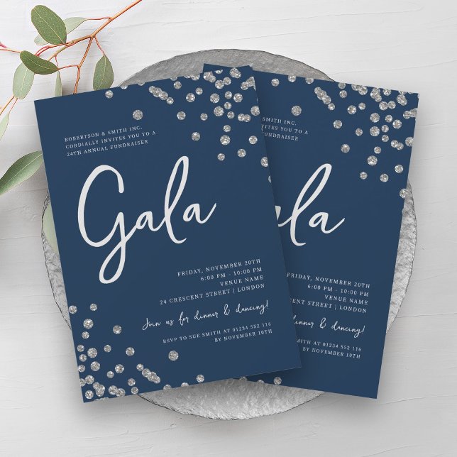 Convites Marinho formal Gala Silver Confetti (Formal Corporate Gala Silver Confetti Navy Invitation)