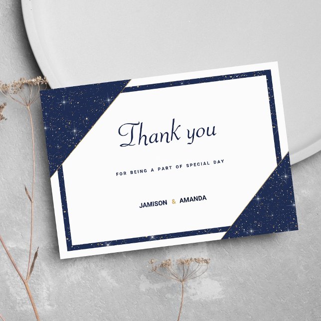Convites Marinho geométrico azul, brilho do ouro branco Obr (Geometric navy blue white gold glitter Thank You)