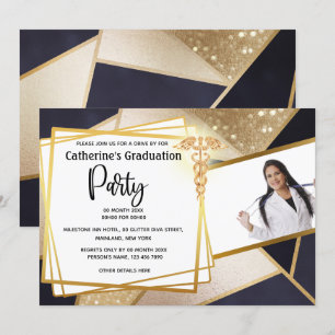 Convites marinho geométrico Dourado - graduação DIY foto