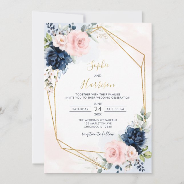 Convites  Marinho Geométrico Moderno e Casamento Floral Esc (Frente)