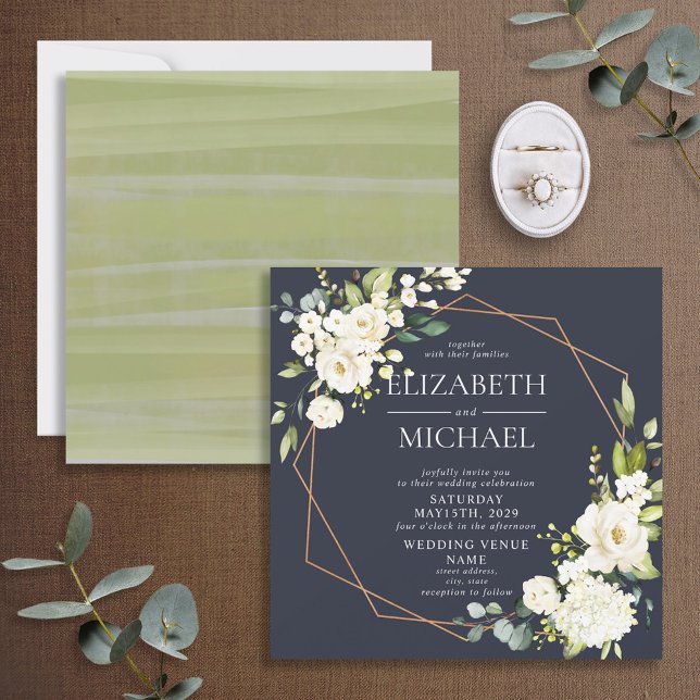 Convites Marinho Geométrico Quadrado Azul,  Branco (Criador carregado)