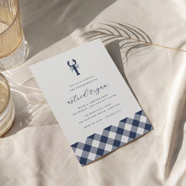 Convites Marinho Gingham | Festa de noivado de Assar de lag (Coastal lobster engagement party invitations)