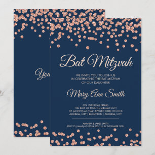 Convites Marinho Glitter Confetti do Bat Mitzvah Rosa Doura