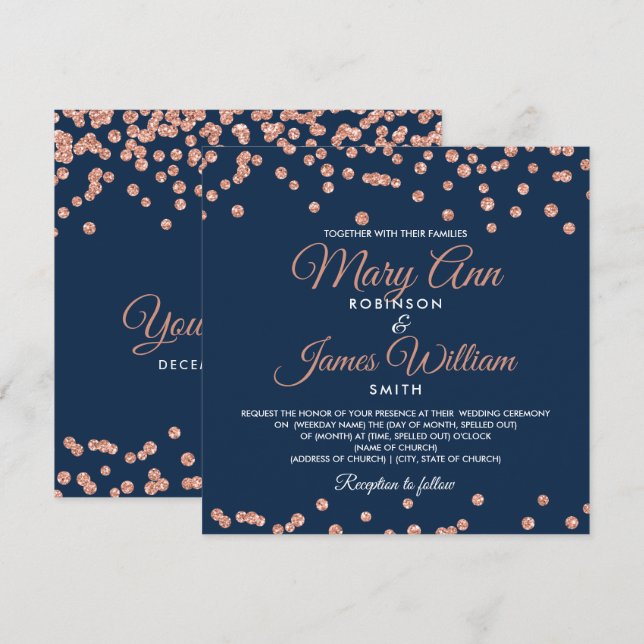 Convites Marinho Glitter Confetti Dourado de Casamento Eleg (Frente/Verso)