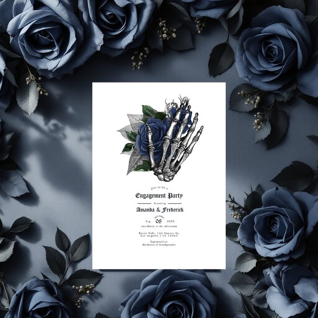Convites Marinho Gótico Rosas Azuis e Noivado da Mão do Esq (Navy Blue Floral Gothic Engagement Party Invitation)