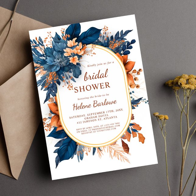 Convites Marinho Laranja Moderno Chá de panela Floral Elega (Navy Orange Modern Elegant Floral Bridal Shower Invitation)