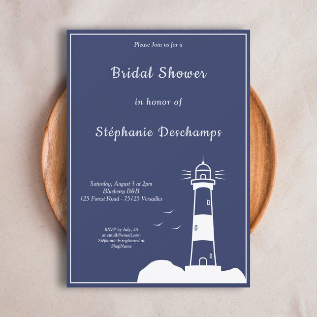 Convites Marinho leve Chá de panela azul (Lighthouse Navy Blue Bridal Shower Invitation)