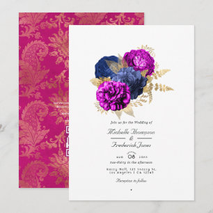 Convites Marinho magenta e Dourado Casamento Floral Código 