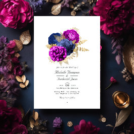 Convites Marinho magenta e Dourado Casamento Floral Código 