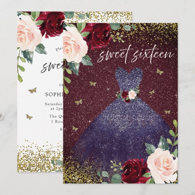 Convites Marinho Magical Vestido Borgonha Vermelho Floral D (Frente/Verso)