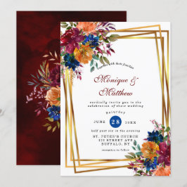 Convites Marinho Marsala Orange Floral Casamento Geométrico